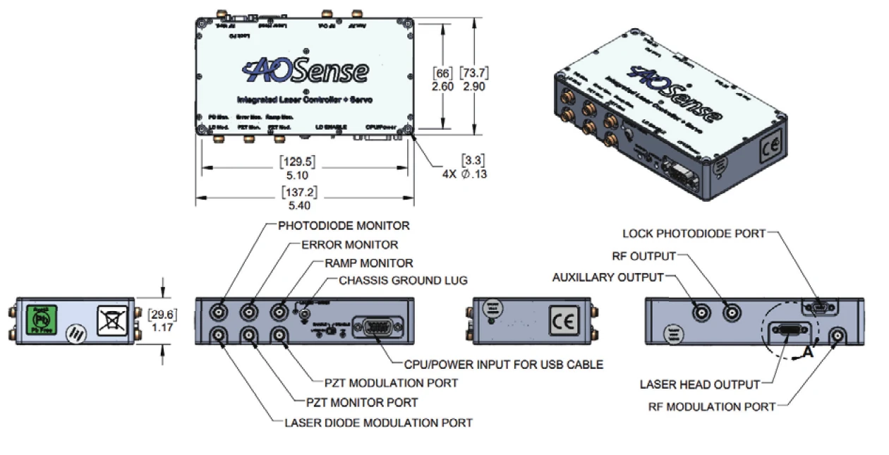 AOSense 統合型レーザーコントローラー（ILC/SILC）外形図・コネクター配置